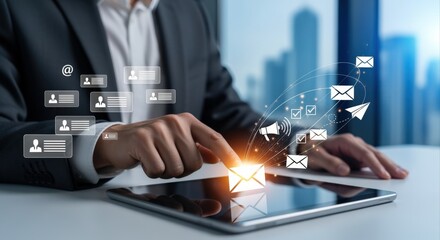 Businessman Tapping Tablet with Email Icon for Digital Communication and Marketing Strategy in Modern Office
