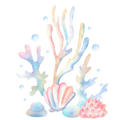 Fototapeta premium Underwater fairytale scene with corals, seaweeds, seashells, stones and bubbles. Ocean world clipart. Hand-drawn watercolor illustration for underwater-themed design for nursery, stickers, covers