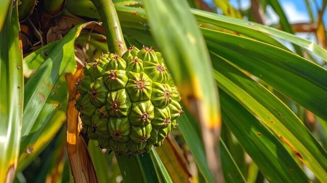 Close-up of a green pandanus fruit hanging from a tree with vibrant leaves.