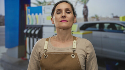Hispanic woman wearing brown apron crosses arms with stern posture at petrol station forecourt  denial defiance. © Krakenimages.com