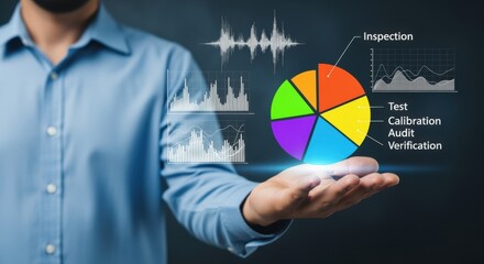Digital Transformation Concept: Man Presenting Colorful Pie Chart with Business Data Analysis and Process Optimization
