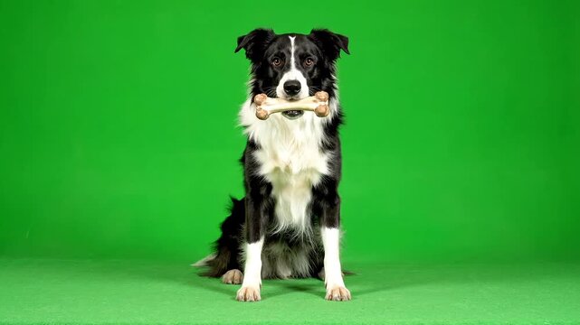 Playful border collie dog holds a bone in its mouth on a vibrant green background.