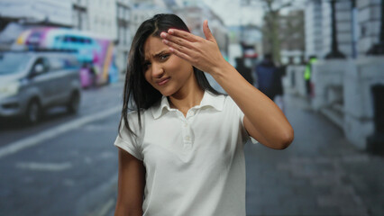 Fototapeta premium Woman covering face with hand standing on busy city street with iconic red bus in background, symbolizing urban life and anonymity.