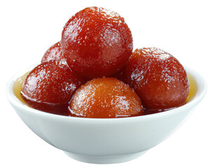 Bowl of small, round, glistening, syrupy, brown-orange, sweet dessert balls