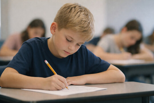 A focused schoolboy writing in his notebook during class, capturing concentration, learning, and a calm educational environment.