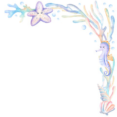 Top right corner of seahorse and starfish characters, corals and seaweeds, seashells, bubbles. Underwater kingdom clipart. Hand-drawn watercolor illustration for postcards, posters, frames