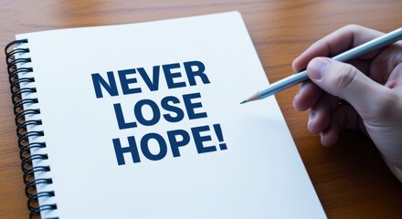 Inspirational Message on Notebook: Never Lose Hope, Concept of Motivation and Positive Affirmation