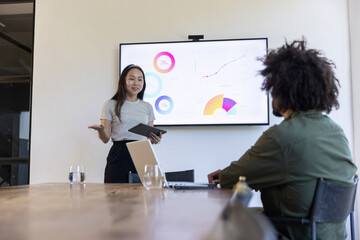 Diverse coworkers presenting data on wall display screen in conference room, tablet