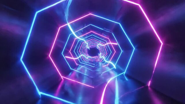 Abstract neon tunnel with glowing octagon shapes, creating a futuristic and vibrant background.