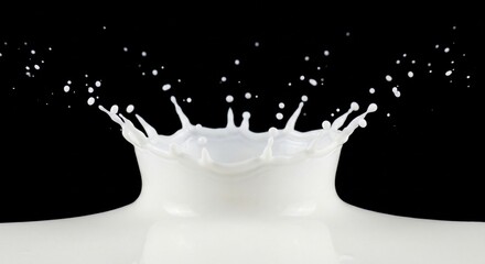 High speed photography of a white milk splash creating a crown shape against a solid black background, representing freshness and purity