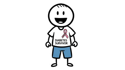 A smiling cartoon person wearing a diabetes awareness ribbon t-shirt and blue shorts standing on a white background
