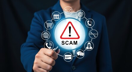 Online Scam Alert: Businessman Identifying Internet Fraud with Digital Interface and Caution Sign