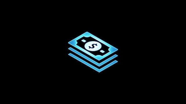 Money stack icon animation with glowing blue neon lines on black background for digital banking