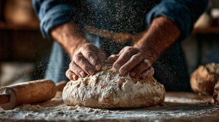 Baker hands kneading bread dough sprinkling flour