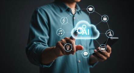 Artificial intelligence cloud technology concept, person using digital device with AI icons, big data processing, and machine learning