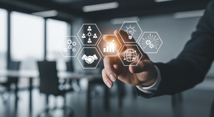 Business Technology Integration: Businessman Interacting with Digital Icons, Representing Innovation, Collaboration, and Global Connectivity in Modern Office