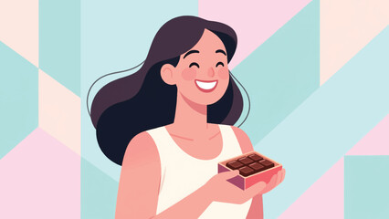 Illustration Of Smiling Woman Holding Chocolate Box, Studio Portrait, Pastel Backdrop Vector Design Template