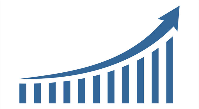 Business bar chart featuring a sharp upward curving arrow symbolizing exponential growth, rapid success, and market acceleration. Minimalist blue vector for financial data analysis