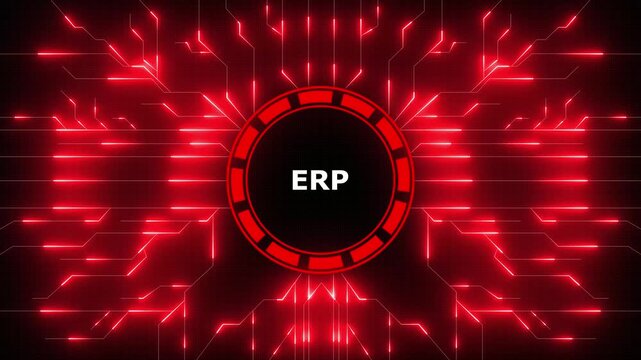 ERP &ndash; Enterprise Resource Planning. ERP concept head up display (HUD UI) panel and futuristic technology. Digital Data moving on Circuit Board and CPU . Computer Processing and organizing data.