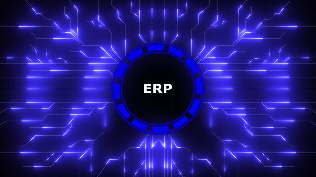 ERP &ndash; Enterprise Resource Planning. ERP concept head up display (HUD UI) panel and futuristic technology. Digital Data moving on Circuit Board and CPU . Computer Processing and organizing data.