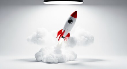 Rocket Launching Through Clouds Illustration, Startup Concept, Innovation, Progress, and Space Exploration