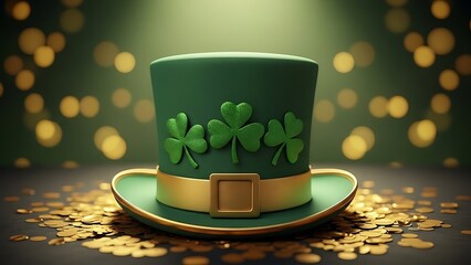 Lucky green top hat with shamrocks and gold accents on a pile of coins