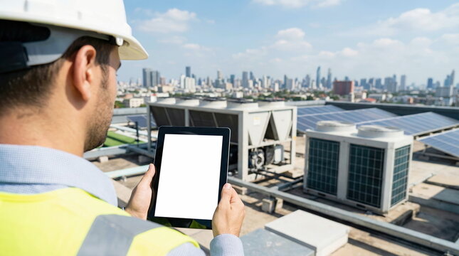 Engineer in safety gear uses a tablet to inspect rooftop solar panels and HVAC systems with a city skyline view, highlighting sustainable urban energy management.