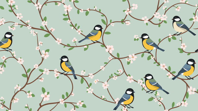Beautiful seamless floral pattern featuring small colorful birds perched on winding brown branches with delicate pink blossoms.