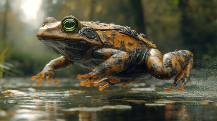 A digitally created frog with metallic textures, leaps from water into the blurred forest scene