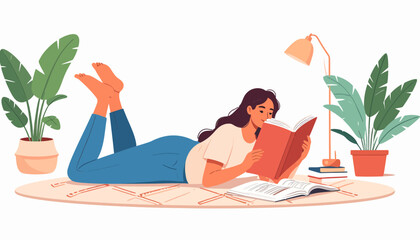 Fototapeta premium Young Woman Enjoys Book at Home, Cozy Living Space, Illustration, Relaxed Atmosphere, Indoor Viewpoint