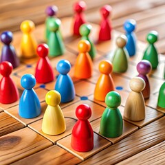 Strategically arranged colorful wooden pawns on a square tile grid for board games, logic development, preschool learning, and creative tabletop design