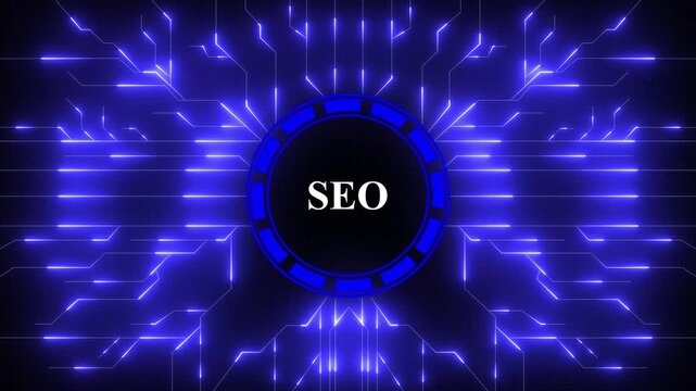 SEO - Search Engine Optimization. seo concept head up display (HUD UI) panel and futuristic technology. Digital Data moving on Circuit Board and CPU . Computer Processing and organizing data.