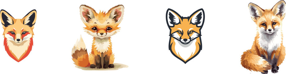 Watercolor Fennec Fox Icon Vector Illustration Set. Isolated on white background