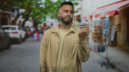 Naklejka premium Man thumb pointing over shoulder on busy city street with plaid shirt and visible ring and tattoo, looking sideways with a smirk; indifference hesitation.