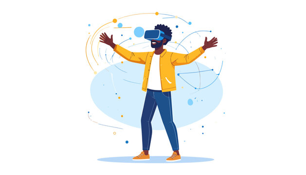 Virtual Reality Experience, Male User, Modern Setting, Illustration, Interactive Environment, Engaging Viewpoint, Immersive Concept