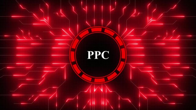 PPC &ndash; Pay Per Click. PPC concept head up display (HUD UI) panel and futuristic technology. Digital Data moving on Circuit Board and CPU . Computer Processing and organizing data.