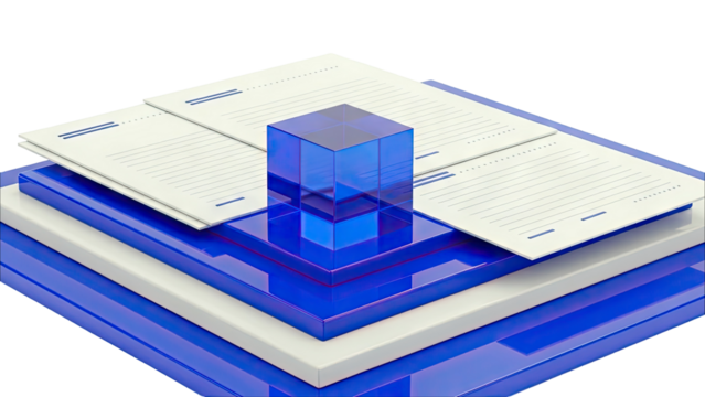 Abstract geometric composition with paper and blue crystal cube - Powered by Adobe