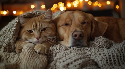 A golden retriever and a ginger cat sleep peacefully under a cozy knitted blanket. Bokeh lights glow