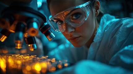A serious woman scientist in a white lab coat and protective glasses at a microscope