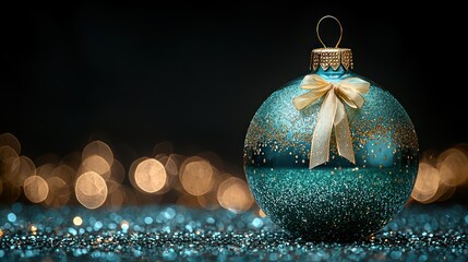 A large, teal Christmas ornament with gold glitter, a bow, and blurry, festive bokeh lights