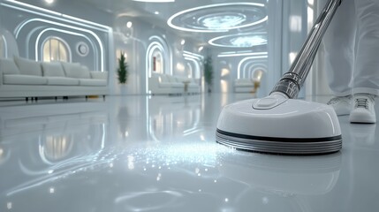 A sleek robotic vacuum cleaner glides across a reflective white floor in a minimalist high-tech interior, emphasizing advanced home automation and pristine cleanliness. The scene highlights futuristic