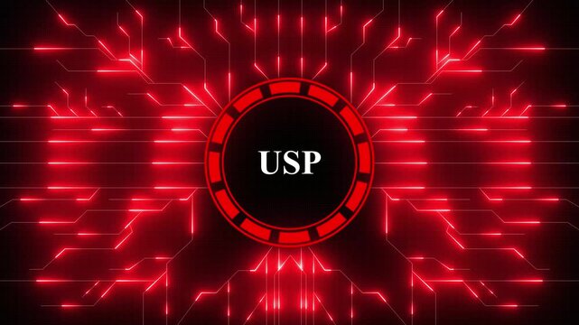 USP &ndash; Unique Selling Proposition. USP concept head up display (HUD UI) panel and futuristic technology . Digital Data moving on Circuit Board and CPU . Computer Processing and organizing data.