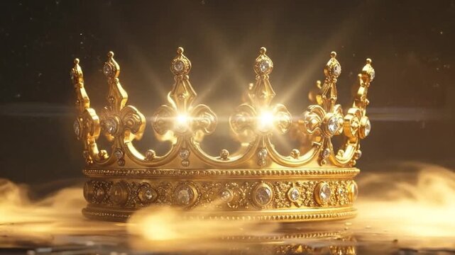 Ornate golden crown with sparkling jewels resting on a reflective surface, radiating power.