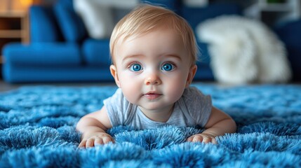 Close-up of a baby with striking blue eyes, resting on a fluffy blue rug