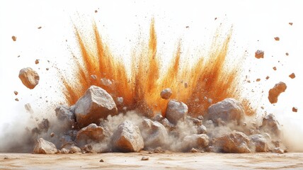 Powerful Rock Explosion with Flying Dust and Debris on White Background explosion rock dust debris