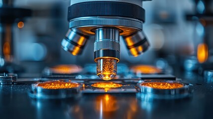 A close-up shot of a laboratory microscope illuminating a slide. The metal is detailed and clear