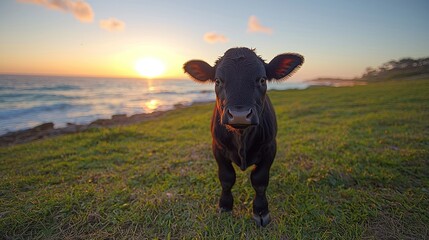 Adorable calf stands in front of the ocean and golden sunset. Warm light, scenic landscape