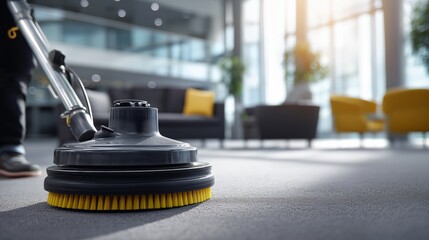 Professional cleaner uses rotary brush machine to deep clean gray office carpet near modern sofa and yellow pillows. Emphasizes commercial cleaning, hygiene and maintenance for corporate environments
