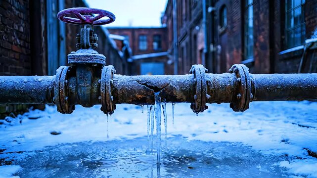 Close-up view of a heavily corroded, frozen industrial water pipe featuring a prominent red valve stem with water dripping and freezing in the harsh winter conditions.