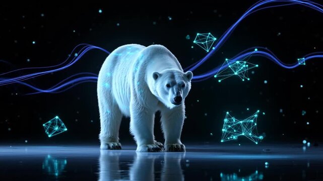 A majestic polar bear standing on a reflective surface with blue geometric shapes and lines creating a digital environment